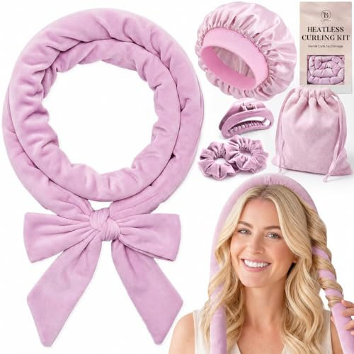 Heatless Curling Kit Lockenwickler ohne Hitze für Lange Haare | Aus Samt für weniger Reibung inklusive Haube Clip und Bändern, Gold