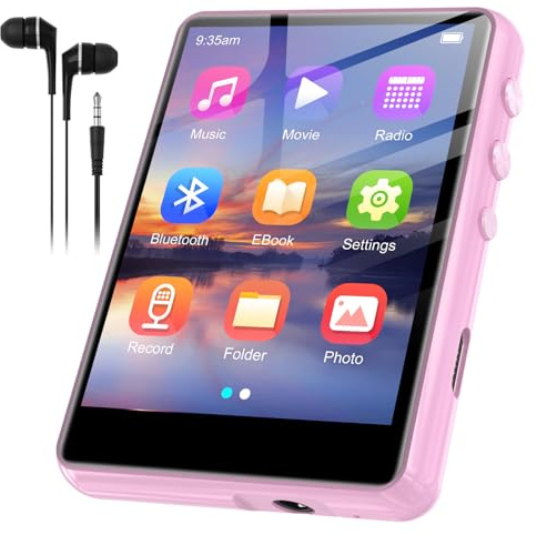 SWOFY Lettore MP3 da 128 GB con touch screen Bluetooth 5.3-2,4 pollici, suono HiFi, altoparlante integrato, funzione registrazione, radio FM, può essere esteso a 512 GB (rosa)