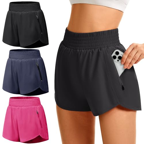 GetGigt 3er Pack Damen Sporthose Kurz Sport Shorts mit Reißverschlusstasche | Schnell Trocknend,Leichtes,Atmungsaktives,High Waisted, Sommer Laufhose Trainingshose Laufshorts für Yoga Gym