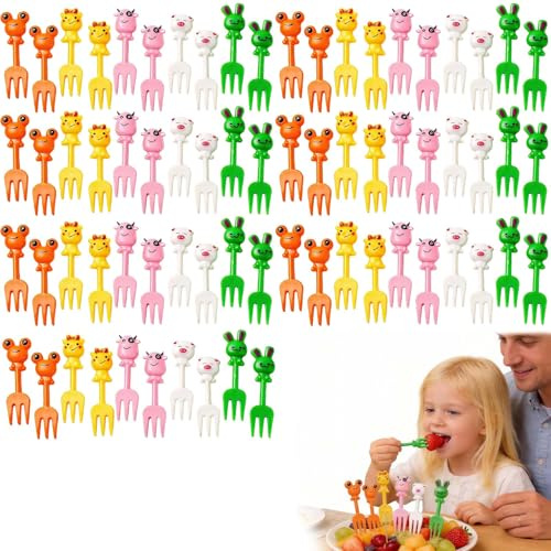70 Unidades Mini Tenedores de Frutas para Niños, Pinchos de Dibujos Animados para Bento, Palillos de Dientes Reutilizables para Postres y Fiestas