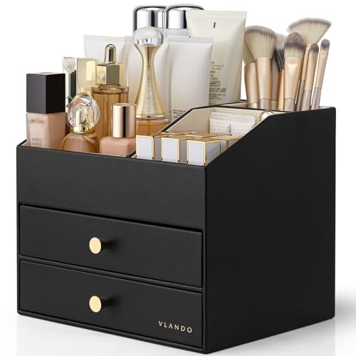VLANDO Make up Organizer mit 3 Schubladen,Schminktisch Organizer PU leader | Parfüm Organizer, Skincare Organizer,Schminktisch Zubehör für Lippenstift, Geschenk,Schwarz
