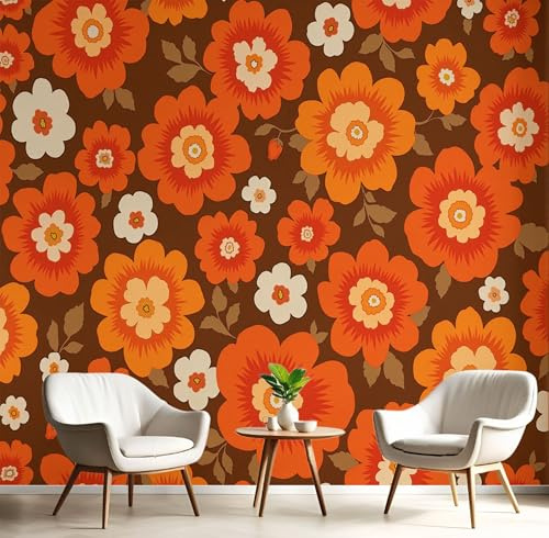 DLERFLOVR 70S Style Wall Paper, 450x315cm Photo Wallpaper Retro Floral Poster Picture Design Modern Wall Mural Decor ation for Living Room Bedroom Office, Burnt Orange