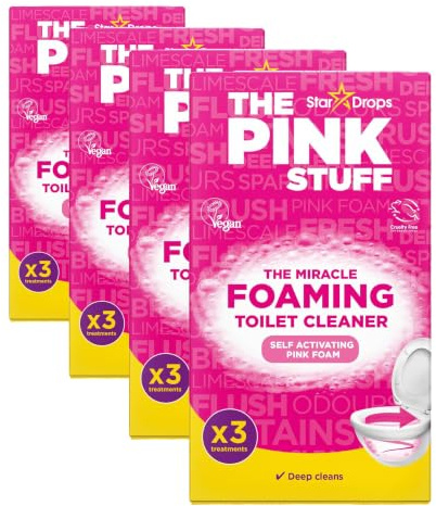 The Pink Stuff Miracle Power Foaming Toilet Cleaner - Deep Cleaning Self Activating Pink Foam For Tough Stains Odor Limescale Removal And More - 3 Treatments (Pack of 4)