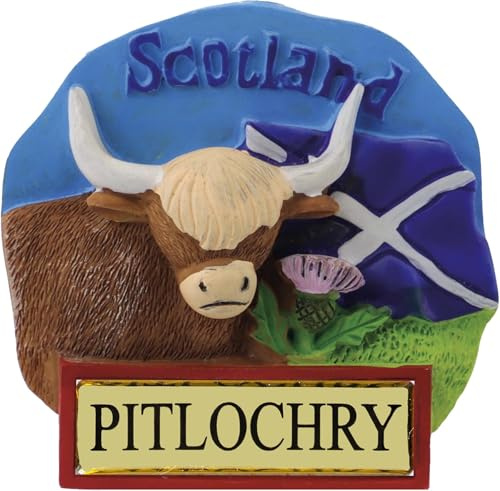I LUV LTD Pitlochry Scotland Fridge Magnet - Scottish Saltire Flag, Highland Cow with Horns