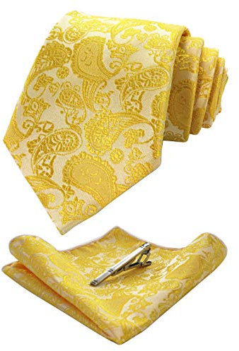 JEMYGINS Gelb krawatte Paisley Seide Herren Krawatten und Einstecktuch mit krawattenklammer Sets (5)