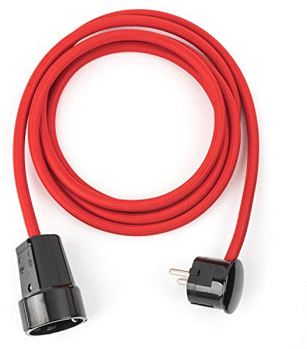 2.5m Textil Verlängerungskabel ROT, Textilkabel mit Schuko-Winkelstecker und Kupplung aus Duroplast (Bakelit Optik)