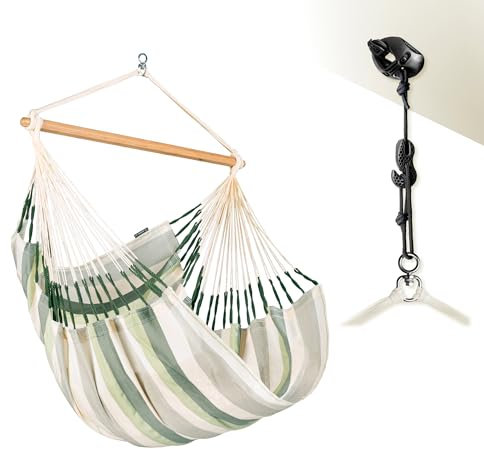 La Siesta® Domingo – Hängematte, Komfort, wetterfest, Funktionelle Faser, Kolumbien-Herstellung, große Oberfläche, Stabilisator Bambus, Entspannung im Freien – Cedar, Kingsize mit Befestigung