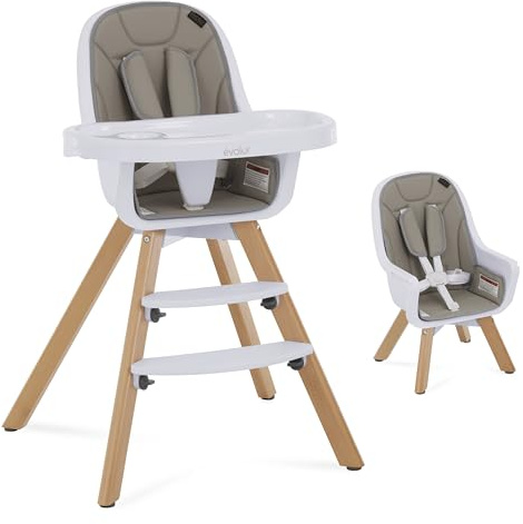évolur Zoodle 3-in-1 High Chair in Light Grey | Convertible Wooden Baby Feeding Chair with Dishwasher Safe Removable Tray, Adjustable Footrest, Padded Cushion, 5-Point Harness for Infants & Toddlers