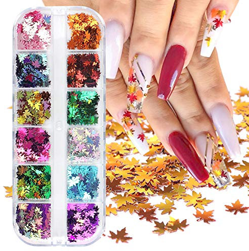 12 Colors Fall Leaf Nail Art Glitter Sequins - 3D Holographic Flake Metallic Maple Leaf Shaped Gold Red Yellow Nail Design Makeup DIY Nails Supply Glitter Decorations