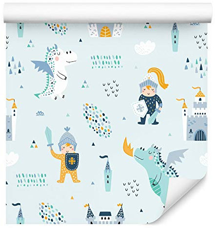 Muralo Tapete 10m Rolle Vlies Tapete Ritter Schild Drachen Pferde Kinder Junge Vliestapete 1000 x 53cm Wand Tapete Wohnzimmer Kinderzimmer Moderne Wanddeko Wand Dekoration