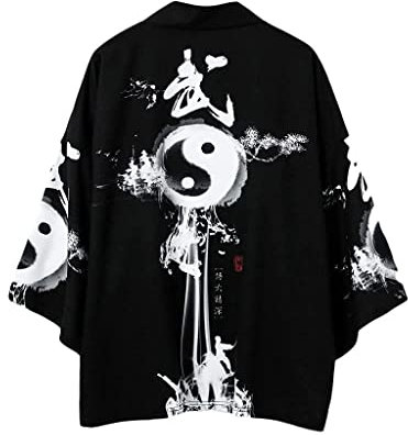 Tomwell Herren Japanischen Kimono Cardiqan Bademantel Morgenmantel Robe Dreiviertel-Ärmel Mit Lockerem Yin Yang und Drachen Drucken Unisex Lose Bluse Sommer Tops G Schwarz L