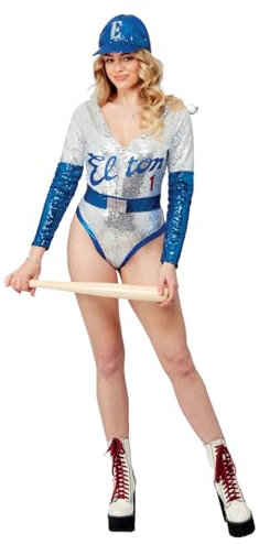 Smiffys Elton John Deluxe Pailletten-Baseballkostüm Damen, Trikot, Mütze