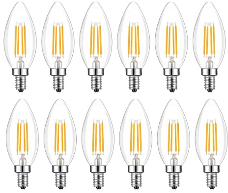 Lamsky E14 LED Bulb Dimmable,110V 400LM 40W Equivalent Warm White 3000K,E14 European Base Candelabra LED Bulbs,C35 Clear Glass Torpedo Shape Bullet Top(12-Pack)