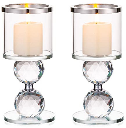 Sziqiqi Kristall Kerzenständer Set, 2 Stück Kerzenhalter Stumpenkerzen Glas, Modern Kerzenhalter Stabkerze Teelichthalter für Hochzeit Esstisch Badezimmer Tischdeko Geburtstag Party Deko, Silber