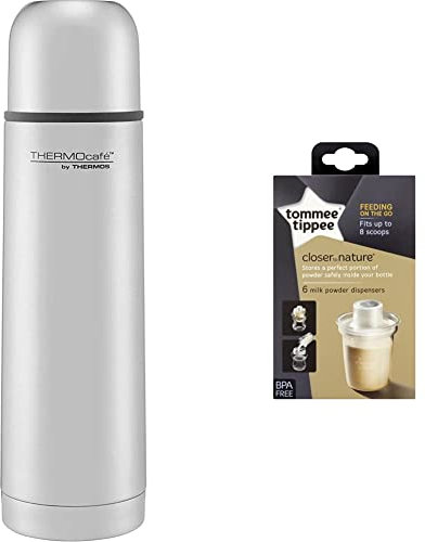 Thermos Thermocafe Stainless Steel Flask, 0.5 L & Tommee Tippee Milk Powder Dispensers, 6 Pack