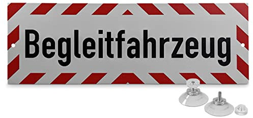 Betriebsausstattung24® KFZ Hinweisschild Begleitfahrzeug | 30,0 x 10,5 cm | Hart- PVC, mit Saugnäpfen | Befestigungsart: Zum Anheften | Auto Schild | PKW Markierung | Fahrzeug Kennzeichnung