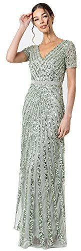 Maya Deluxe Damen-Maxikleid mit bestickten Pailletten, kurzärmelig, V-Ausschnitt, hohe Taille, A-Linie, glänzend, für Abschlussball, Hochzeit, Brautjungfer