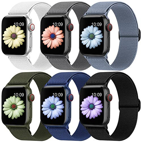 Higgs 6 Pack Stretchy Nylon Strap Compatible with Apple Watch Straps 38mm 40mm 41mm 42mm(series 10), Adjustable Sport Elastic straps for iWatch Series 10/9/8/7/6/5/4/3/2/1/Ultra/Ultra 2/SE