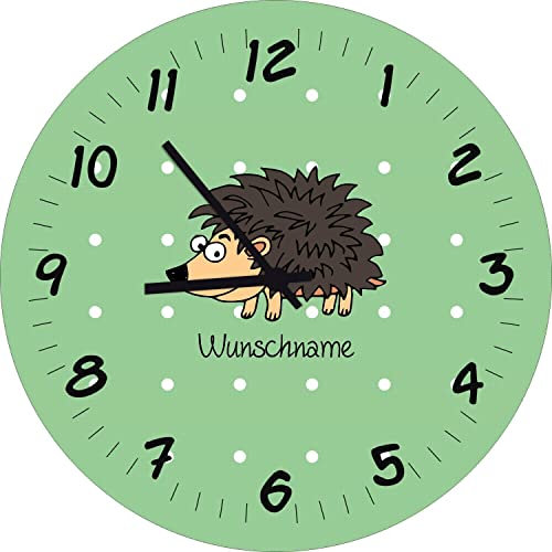 Shirtinstyle Kinderzimmeruhr mit Tiermotiv Igel mit Wunschnamen Geschenk Uhr Kinder Handmade Wanduhr Wunschtext Name, 29cm, Farbe Pastellgruen