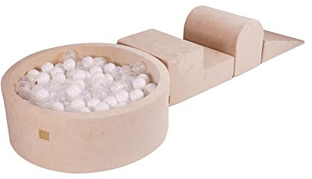 MEOWBABY Piscine à Balle avec Parcours de Motricité pour Bébé avec 200 Balles - Parcours Motricité Enfant et Bébé en Velours - Aire de Jeu Modulable pour Enfants, Écru