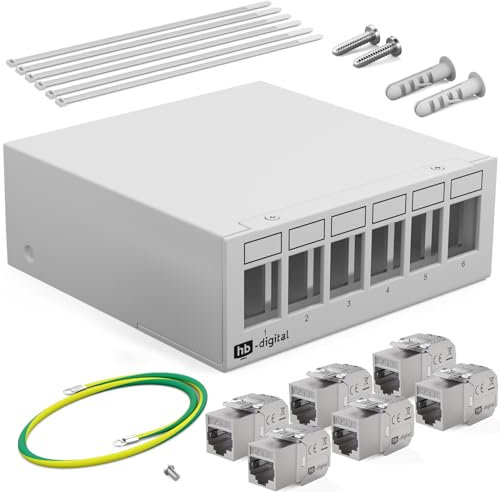 HB-DIGITAL Set : Boîtier de panneau de brassage 6 ports pour modules Keystone + 6 x Cat.8 Keystone RJ45 femelle Jack pour installation réseau compatible avec câble de pose LAN Ethernet | Gris clair