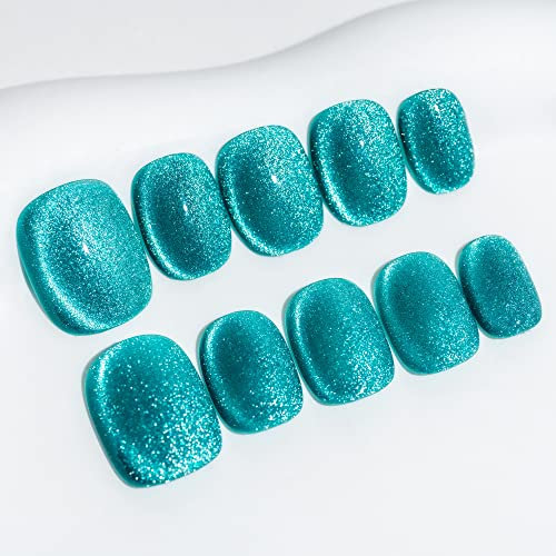 Sun&Beam Nails Handmade Press On Short Round with Nile Blue Cat Eye Design Charm Cute False Nail Tips 10 Pcs (#93 S)
