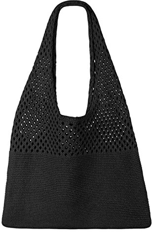 SUOSDEY gehäkelte Mesh Strand Tote Bag, Sommer Urlaub Ästhetische Strick Boho Umhängetasche für Frauen Schwarz