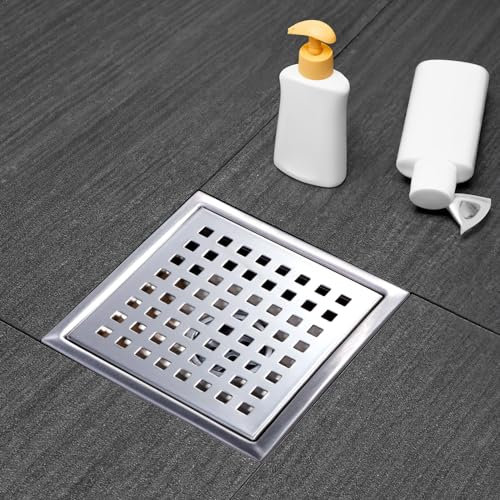 Elefloom Quadratischer Duschrinne Silber Duschablauf 15,2 cm mit Flansch und abnehmbarer Gitterabdeckung AISI 304 Edelstahl Dusche Bodenablauf mit Haarfänger und Flansch