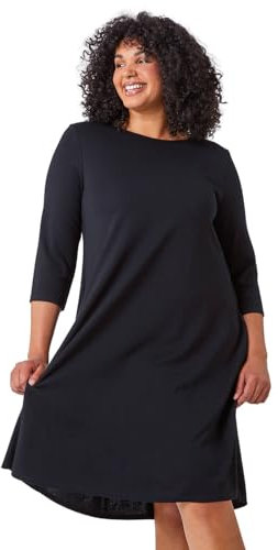 Roman Originals Tunic Dress with Pockets for Women UK Ladies Swing Fit & Flare Skater Slouch Stretchy Casual Smart Winter Jersey Pull On Work Office 3/4 Long Sleeves - Black Plus - Size 18