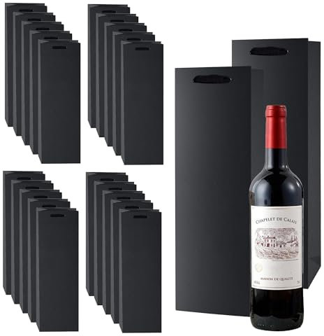 24 Pack Kraft Paper Bottle Wine Bag with Handles, Black Paper Bottle Bags for Wine, Single Wine Gift Bag for Party, Shopping, Retail Merchandise