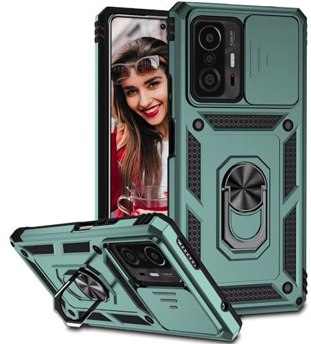 POUHYE Handyhülle für Xiaomi 11T /11T Pro Hülle, [Slide Camera] Hybrid Militärqualität Stoßfest Bumper Outdoor Handyhülle mit 360° Drehbarer Metall Ring Ständer Schutzhülle Case Dunkelgrün