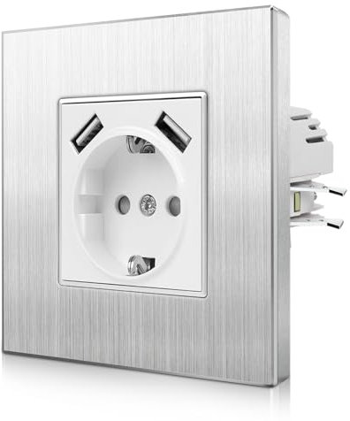 CNBINGO Aluminium USB Steckdose mit Spannkrallen - USB Anschluss (Max.2,1 Amp) - Einfach Schuko Steckdose Unterputz - Schutzkontakt Einbau Wandsteckdose mit Rahmen aus Aluminium- 1 Fach Silber