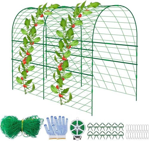 47x 47 Inch Garden Cucumber Trellis- Metal Arch Melon Trellis - Climbing Plant Grow Support Stand Trellis- Foldable Garden Tunnel Trellis with Climbing Net Clips for Growing Vine Vegetable