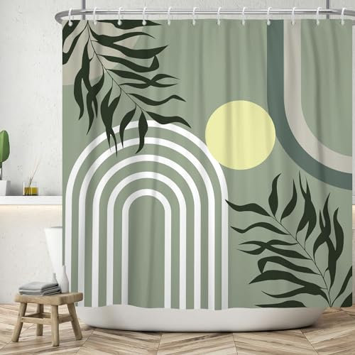 ASDCXZ Rideau de Douche Boho 180x200 cm, Style Boho Abstrait Moderne Feuilles Vertes Jaune Soleil Sauge Vert Lavables Textile Rideau de Bain imperméable pour Baignoire avec 12 Crochets
