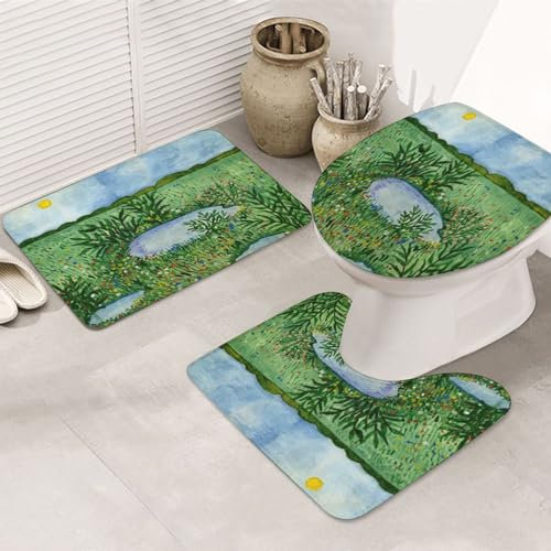Badezimmer Set,rutschfeste Badematte und WC-Vorleger-Set,Landschaftspools und Gräser eine Gouache bei Sonnenuntergang auf Paperpalms Vintage Album Ancien,weich,wasserabsorbierend,WC-Garnitur, 3-teilig