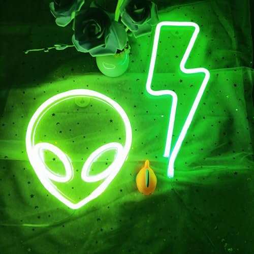 Alien Lightning Bolt Neonschilder für Kinder Jungen Schlafzimmer Spielzimmer Wanddeko, Hängende Anime Neonlicht Wandkunst Alien Lightning Lampe für Geburtstagsparty (Grüner Alien, Grüner Blitz)