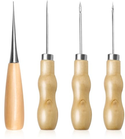4 Pcs Wooden Handle Awl Gourd Shape Awls Tailors Awl Punch Awl Wood Handle Scratch Awl Reusable Sewing Awl Tool for Sewing Crafting Leather Perforating Needle Removal