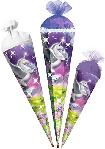 alles-meine.de GmbH mit Glitzer & Glimmer ! Schultüte - Magic Pegasus/Einhorn 70-85 cm Größe wählbar mit Holzspitze Zuckertüte - Tüllabschluß/Filzabschluß - eckig..