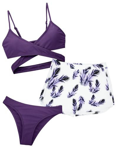 Happy Cherry Ensemble de Bikinis Enfants Fille Maillot de Bain Filles 3 Pièces Haut + Slip + Short de Bain Swimwear Set 8-14 Ans 14 Ans