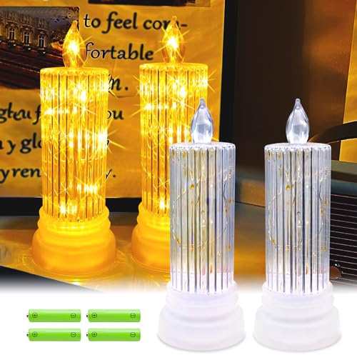 TINYOUTH 2PCS LED Crystal Candles with Holder, Wedding Table Candles Light AAA Battery Included for Party Anniversary Engagement Home Decor, Roman Column Shell