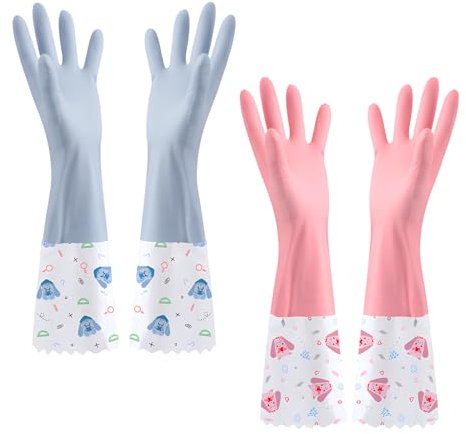 JYJLLM Velvet lining Marigold Gloves Medium for，washing up gloves large，kitchen gloves for washing dishes，Applicable to kitchen Premium Rubber Gloves for Work (1, Blue and pink wide mouth)