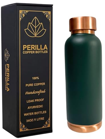 Perilla Home Plain Copper Water Bottle 23.66 OZ Leak Proof 99.97% Pure Ayurvedic Copper Vessel with Lid - Drink More Water and Enjoy Health Benefits - For Yoga - Gym Bottle (Green)