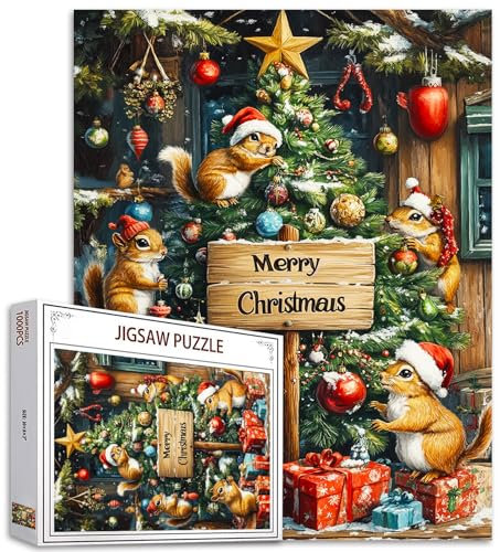 1000 Stück Xmas Tree Jigsaw Puzzles für Erwachsene Merry Christmas Puzzles Weihnachten Eichhörnchen Craft DIY Puzzles für Home Decoration Geschenke Familie Puzzle 27 x 20 Zoll perfekt für Game Nights