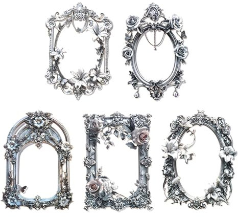 Ieron 5-teiliges Set mit weißen Mini-Bilderrahmen mit ausgehöhlter geprägter Collage-Karte, vergoldetem Blumenspiegel, Vintage-Barock-Blumendesign, DIY-Dekoration für Alben und Wandkunst