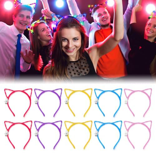 Kayuneed Lot de 10 bandeaux lumineux à LED avec oreilles de chat - Pour Noël, Halloween, carnaval, fête, mariage