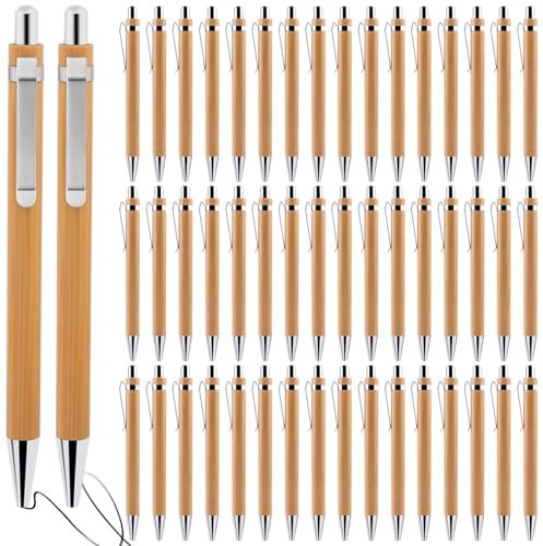 VEGOATY 50 PCS Holz Kugelschreiber, Wiederverwendbar Kugelschreibern Set Schreibgerät Bambus Holzkugelschreiber Kugelschreiber Set Natur Umweltfreundlich Plastikfreier für Den Büroalltag und Zuhause