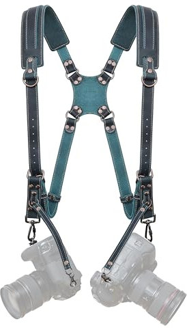 Padwa Lifestyle Green Dual Camera Harness Strap for Two-Cameras - Dual Shoulder Full Grain Leather Harness,Multi Double Camera Gear for DSLR/SLR Strap,Double Camera Harness for Photographers