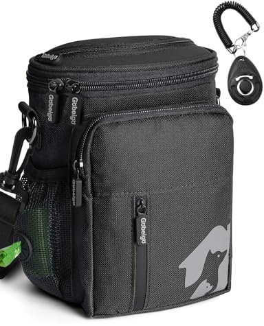 Gobeigo 8 Cup Dog Treat Pouch and Training Clicker, Dog Walking Bag with Phone Holder, Built-in Poop Bag Dispenser, 3 Ways Wearable Pet Fanny Pack for Outdoor Travel(Gray & Black) (Black)