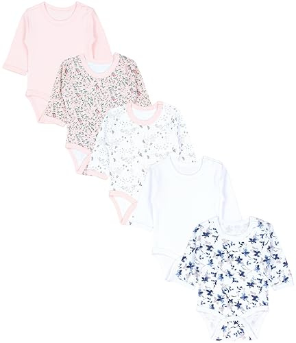 TupTam Baby Body Langarm Mädchen – 5er Pack Unifarbene Body Baby aus Baumwolle – OEKO-TEX zertifiziert, Farbe: Blumenmix Apricot Weiß, Größe: 104