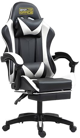 RMF Chaise Gaming Professionnelle Ergonomique Inclinable, Fauteuil Gaming Assise Confortable et Relaxante avec Repose-Pieds - Chaise pour Gamer avec roulettes Pivotantes, Hauteur Réglable Blanc/Noir
